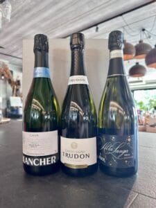 Cava, Champagne Trudon Emblematis Brut en Alta Langa DOCG naast elkaar